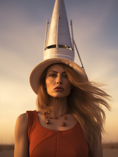 Woman observing rocket launchpad in desert
