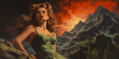 Stunning woman in fiery mountain landscape