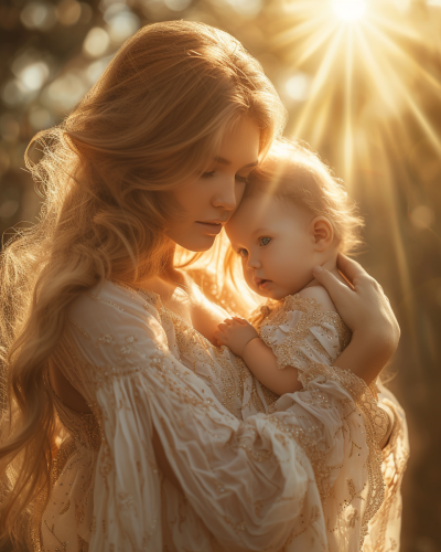 Young mother holding baby in sunlight