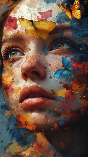 Close-up of Woman's Face with Colorful Butterflies