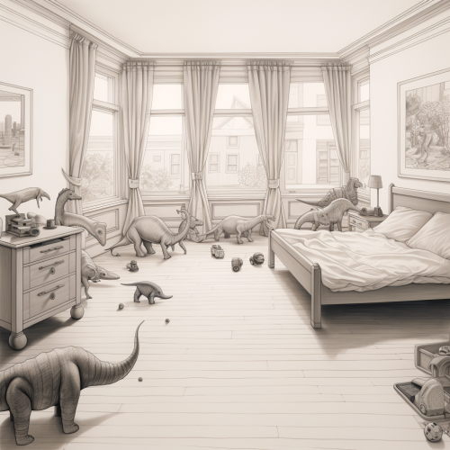 Colorful bedroom with dinosaur toys on floor