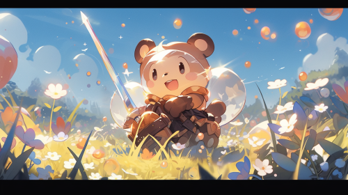 Honey bee holding a glowing sword and shield