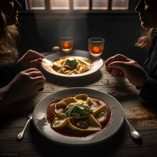 Two people savoring beef ravioli