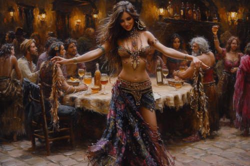 Dark Tanned Female Belly Dancer in Medieval Tavern Dark Tanned Female Belly Dancer in Medieval Tavern