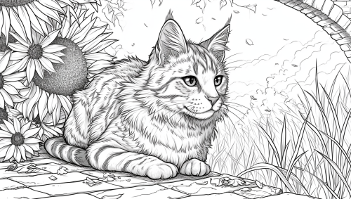 Black and white cartoon style Bengal cat coloring page