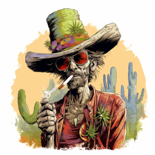 Colorful cowboy smoking weed next to a cactus