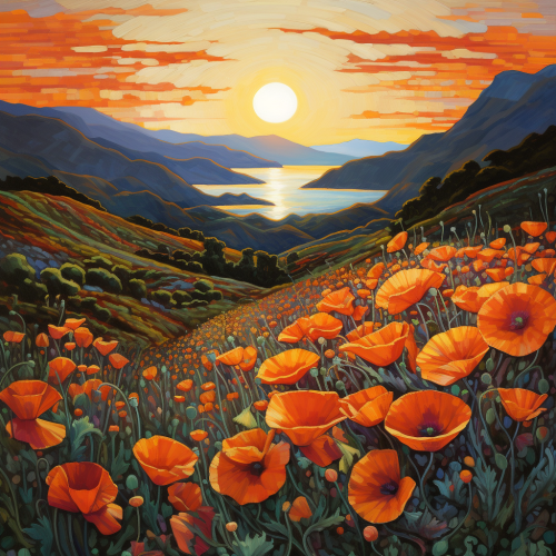 Impressionist painting of Big Sur with poppies at sunset
