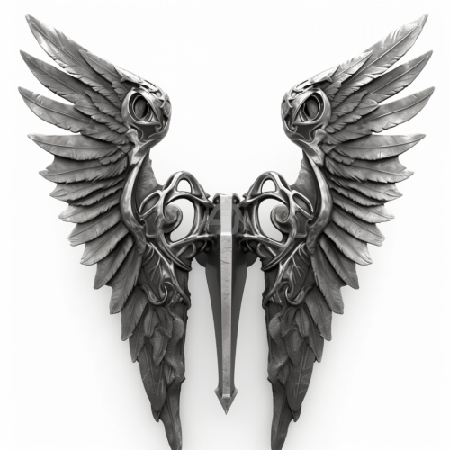 Image of big wings formed by weapons on white background