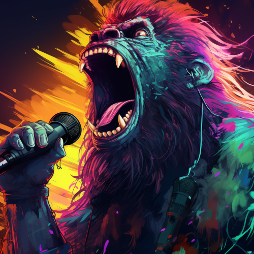 Bigfoot screaming into a microphone with brilliant colors