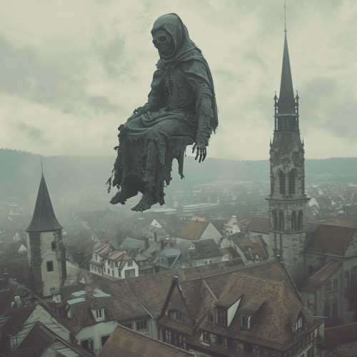 Bill Gates as Reaper Floating Old German Townhall