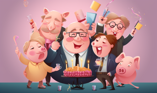 Cartoon characters celebrating fun birthday with piggy bank