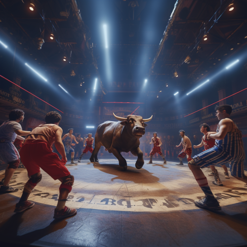 Birthday boy surrounded by Minotaurs playing tug of war