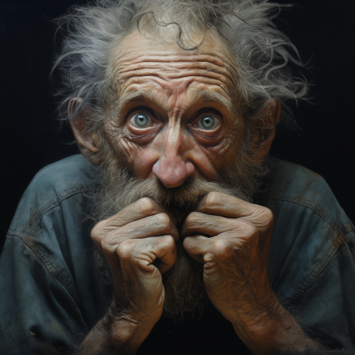 Disturbing image of old man biting fingers