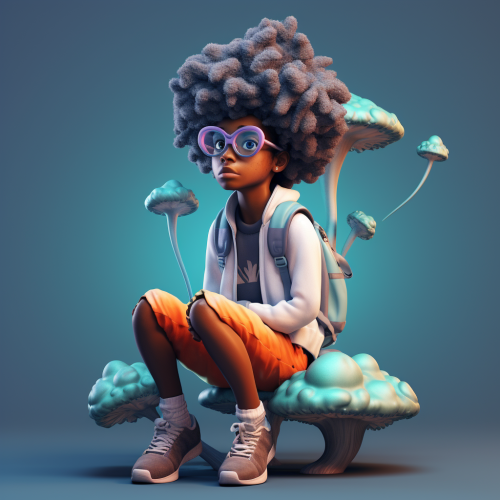 Black boy with titanium colored locs sitting on a duo tone mushroom