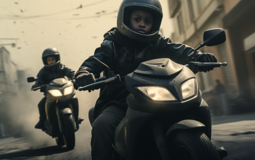 Two black boys speeding on a scooter through traffic