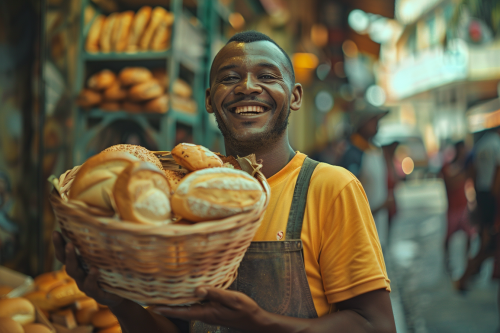 Brazilian baker holding bread basket