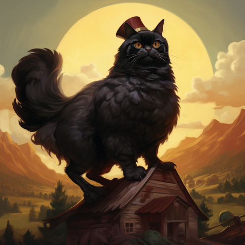 Illustration of black cat riding on chicken