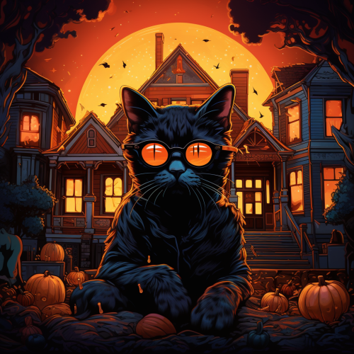 Black cat wearing sunglasses in front of haunted house