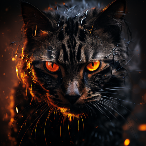 Majestic black cat with fiery scars and hopeful golden eyes