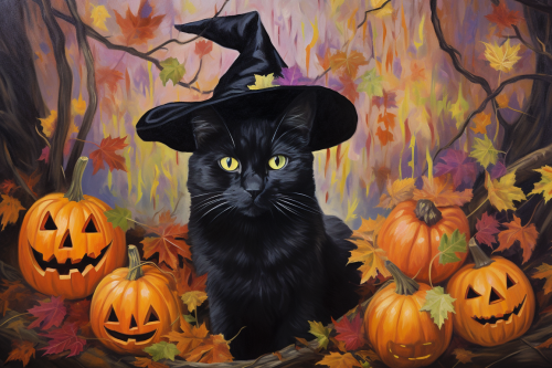 Charming black cat in a witch hat surrounded by vibrant fall colors
