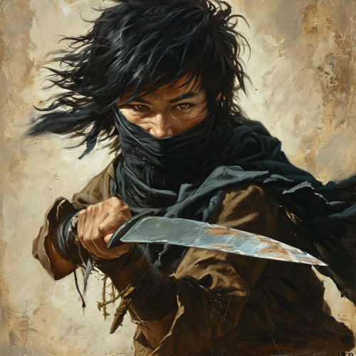 Illustration of a Scarred Human Bandit with a Curved Knife