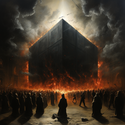 Occultism: Black cube with people during war