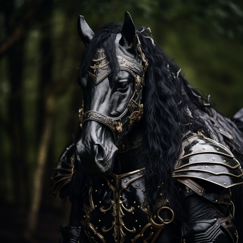 Black Draft Horse in Leather Armor with Stunning Eyes