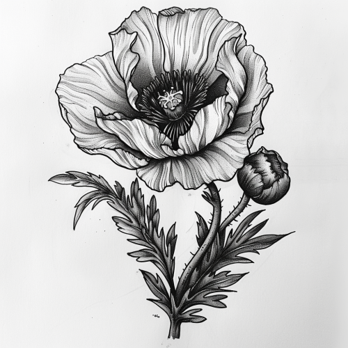 Poppy flower in black grey linework