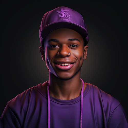 Black highschool boy wearing purple tshirt and cap smiling