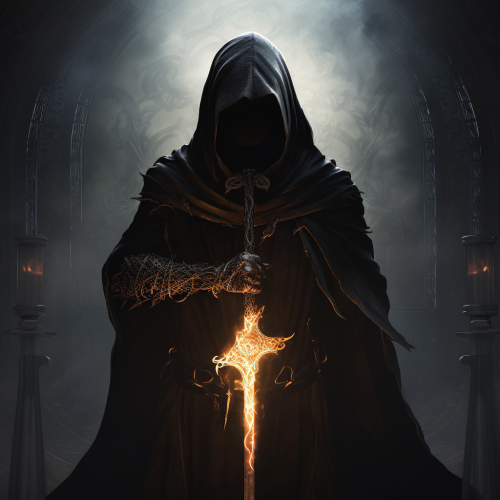 Illustration of a black hooded figure with a sword