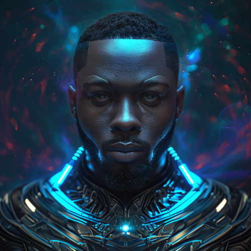 Photorealistic black man superhero with galactic power