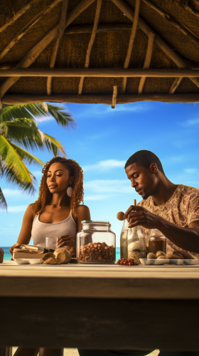 Black man and woman at table with natural supplements on tropical beach Black man and woman at table with natural supplements on tropical beach