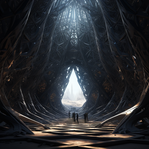 Black Monolith Spires Inside Honeycomb Dome