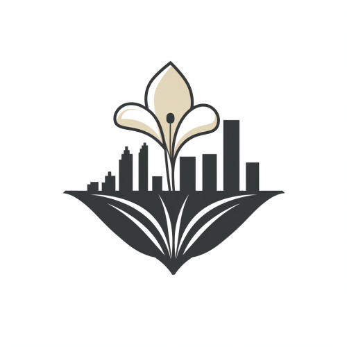 Black outline logo with combined icons of tall buildings and white lily