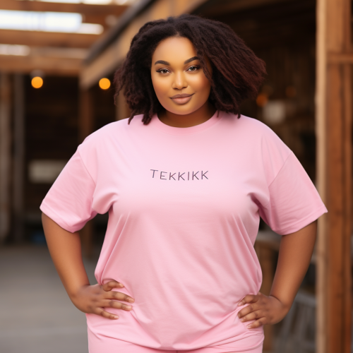 Black plus size model wearing pink cotton tshirt mockup