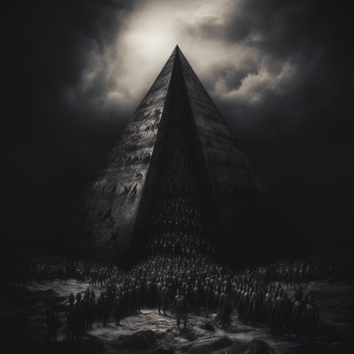 Biblical climbers ascending the black pyramid