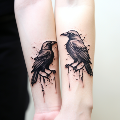 Black ink wrist tattoo of ravens