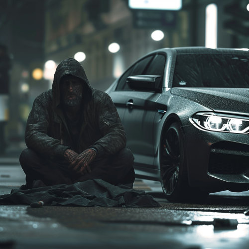 Homeless man near BMW M5F90 Homeless man near BMW M5F90