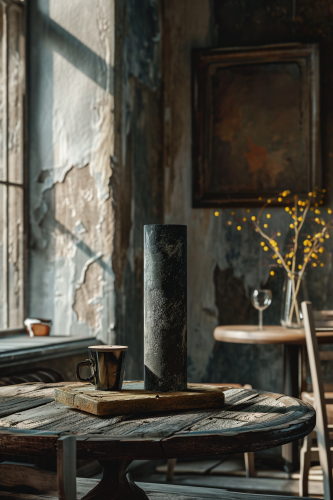 Black stone cylinder on wooden tray in cafe Black stone cylinder on wooden tray in cafe