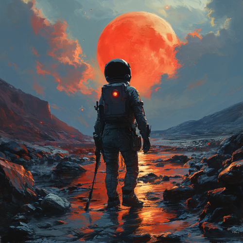 Person in black suit standing before the red moon