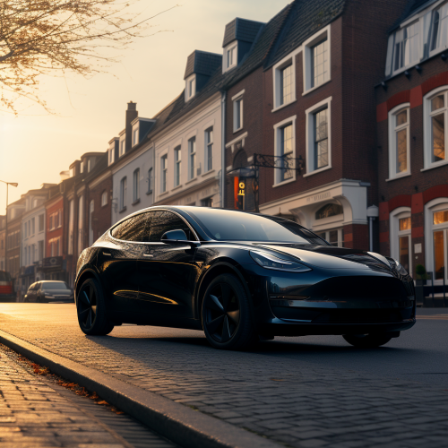 Black Tesla Model Y with Vossen Wheels on Dutch Street