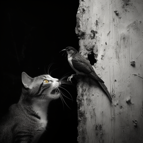 Black and white cave painting of cat eating bird Black and white cave painting of cat eating bird