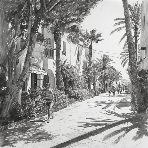 Black and white marathon finish line in town drawing