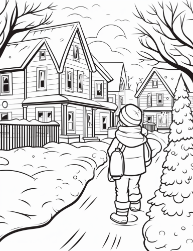 Cartoonish black and white Christmas scene