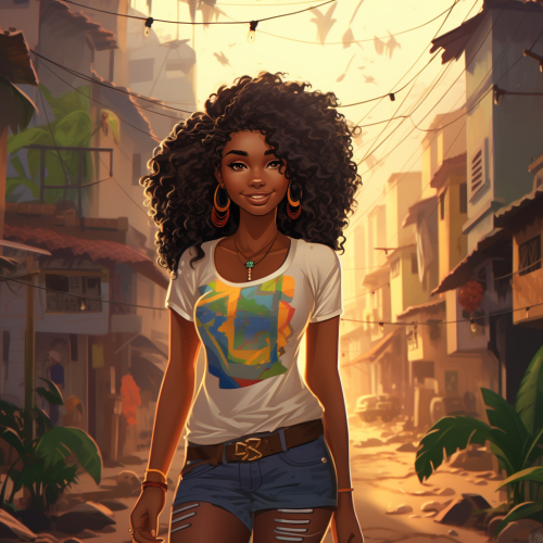 Black woman with afro hair and African style shirt in a Brazilian favela