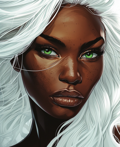 Black woman with green eyes on silver background