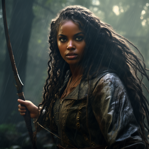 Black woman hunting with bow in rainforest