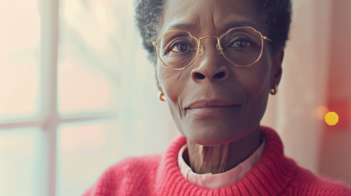 Black woman in red sweater smiling