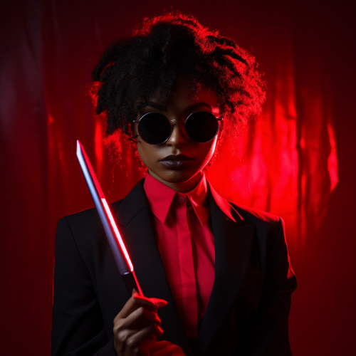 Black woman with knives in stylish suit
