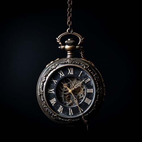 Pocket watch on thin strap against black background